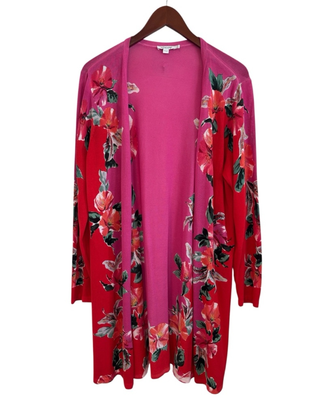 Chico's Floral Open-Front Long Cardigan Sweater - Pink/Red 2(L)